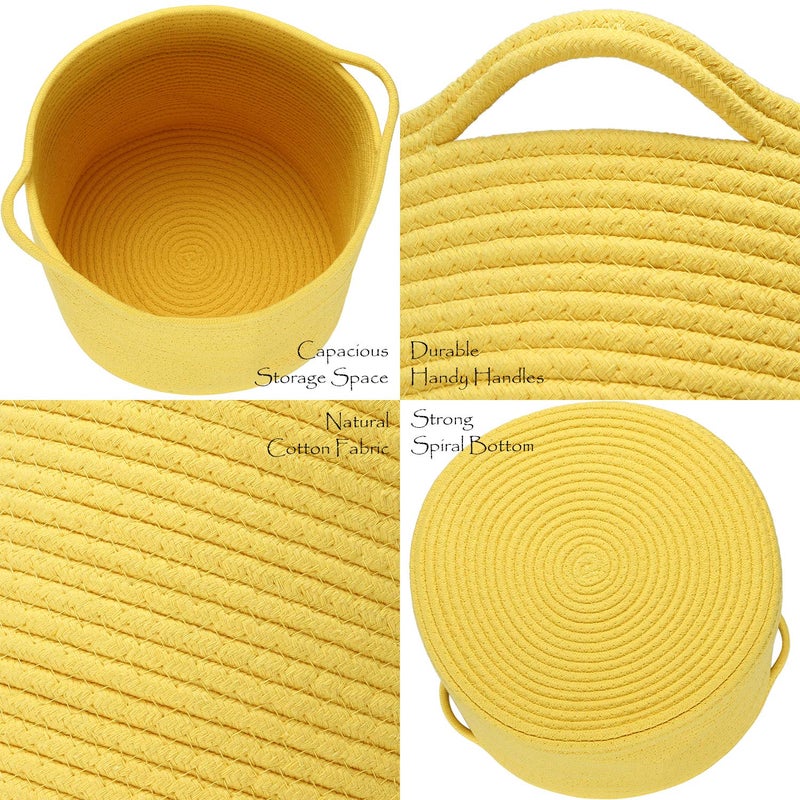 Sea Team Medium Size Cotton Rope Woven Storage Basket with Handles, Laundry Hamper, Trunk Organizer, Clothes Toys Bin for Kid's Room, 14 x 14 inches, Round Open Design, Yellow - Image 5